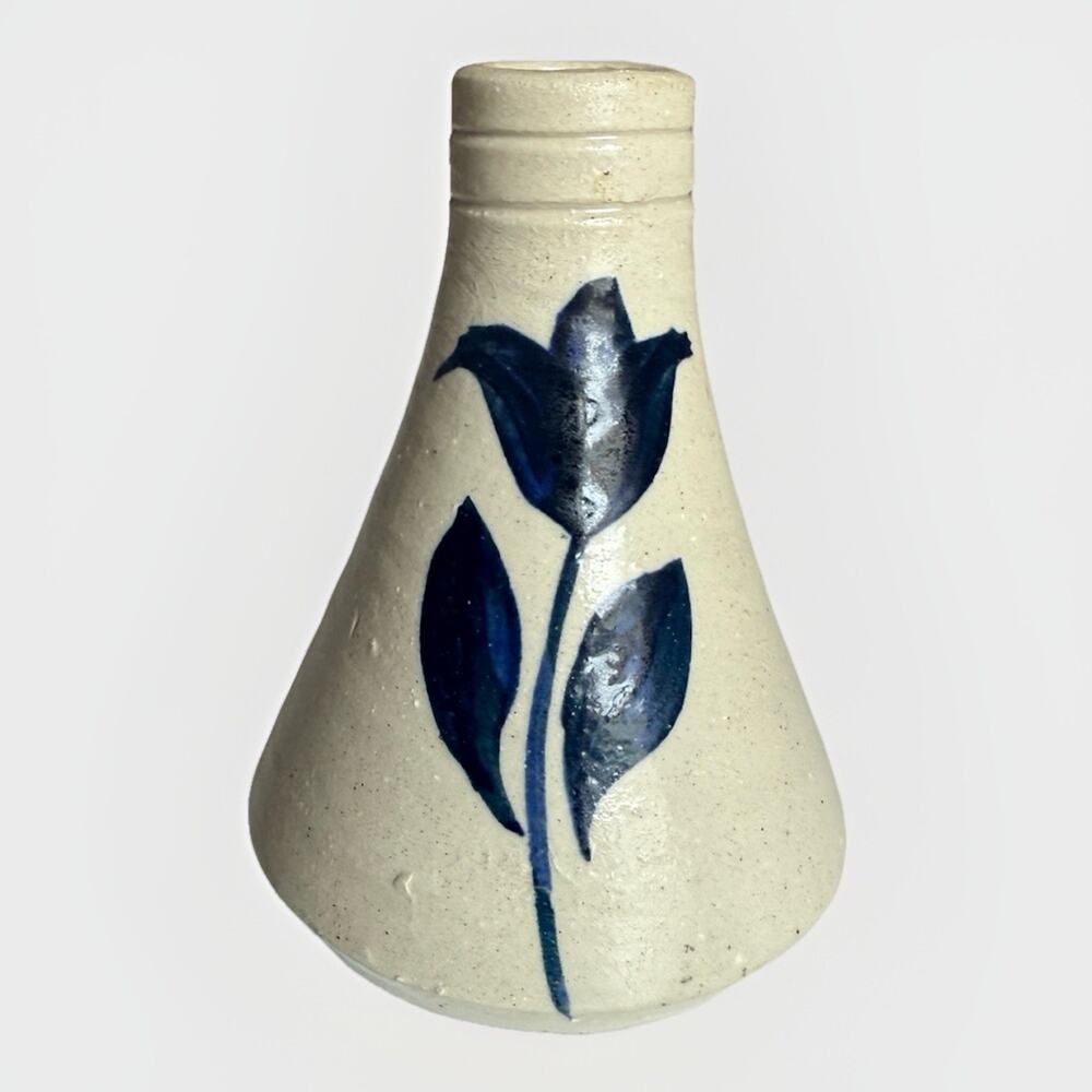 Vintage Williamsburg Pottery Salt-glazed Stoneware Bud Vase Inkwell Blue Leaf